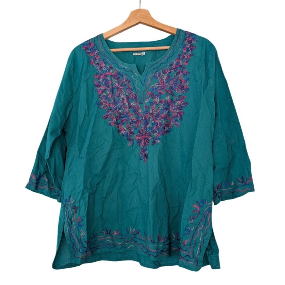 Nepal Cotton Embroidered Tunic Top Teal Blue Boho XL Floral V-Neck Hippie Ethnic